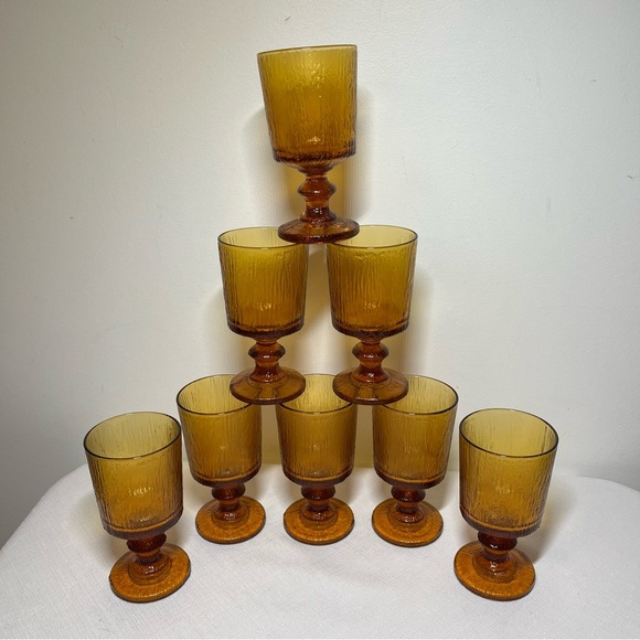Vintage Ravenhead Siesta Amber Textured Wine Goblets Glasses Pedestal - Picture 2 of 5